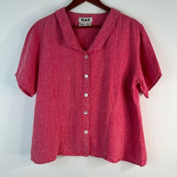 Flax 100% Linen Pink Button Front Top Womens Medium Minimalist Lagenlook Chic - Picture 1 of 9